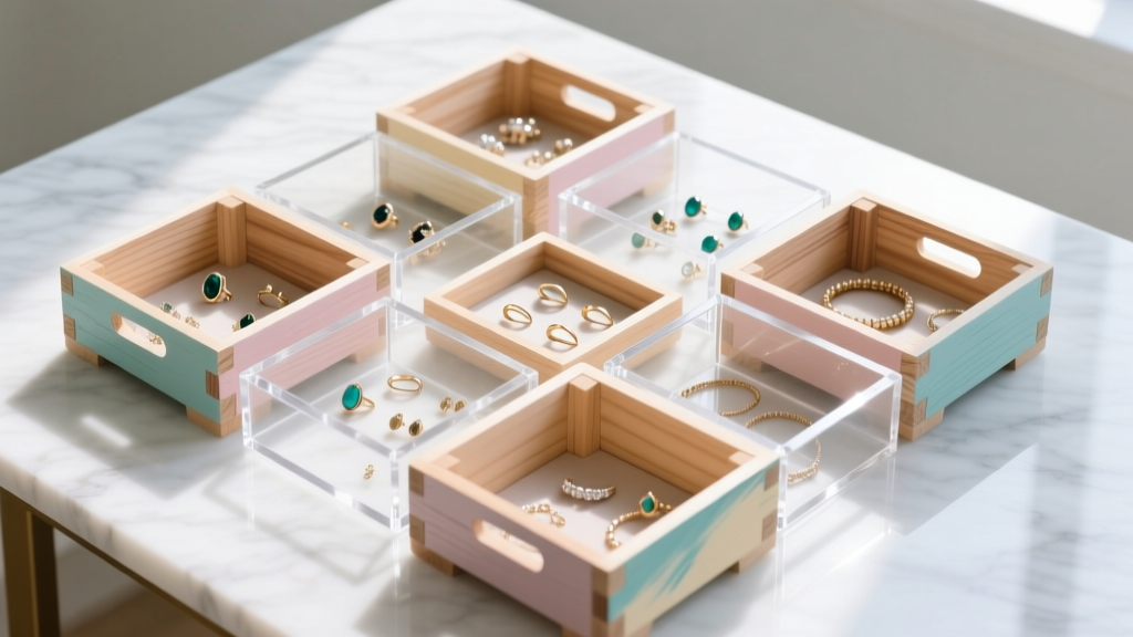 Top-down view of a DIY jewelry organizer built from painted wooden crates and clear acrylic dividers on a white marble desk