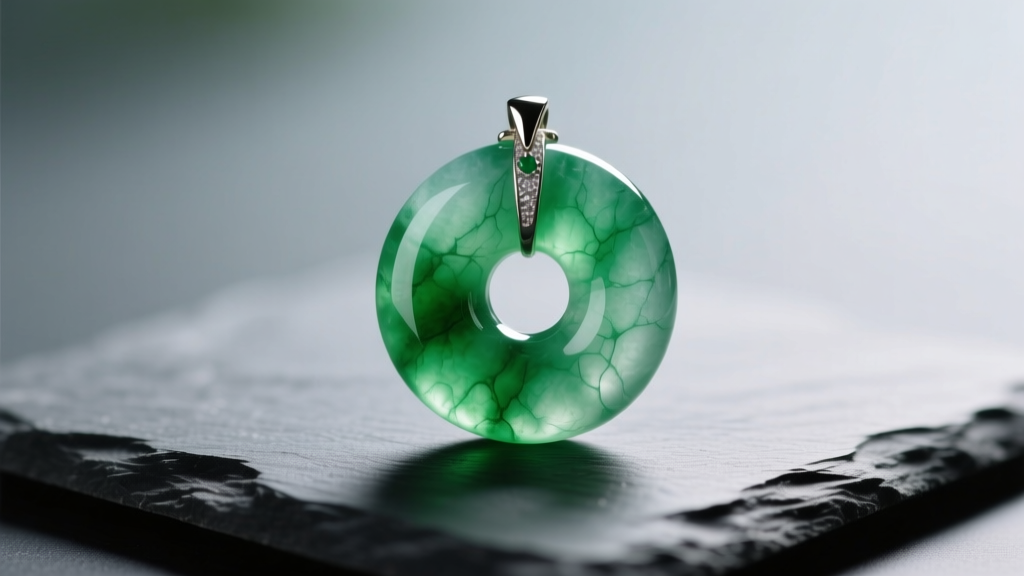 Macro shot of a translucent Grade A imperial green jadeite donut pendant on dark slate, lit by soft diffused studio lighting.