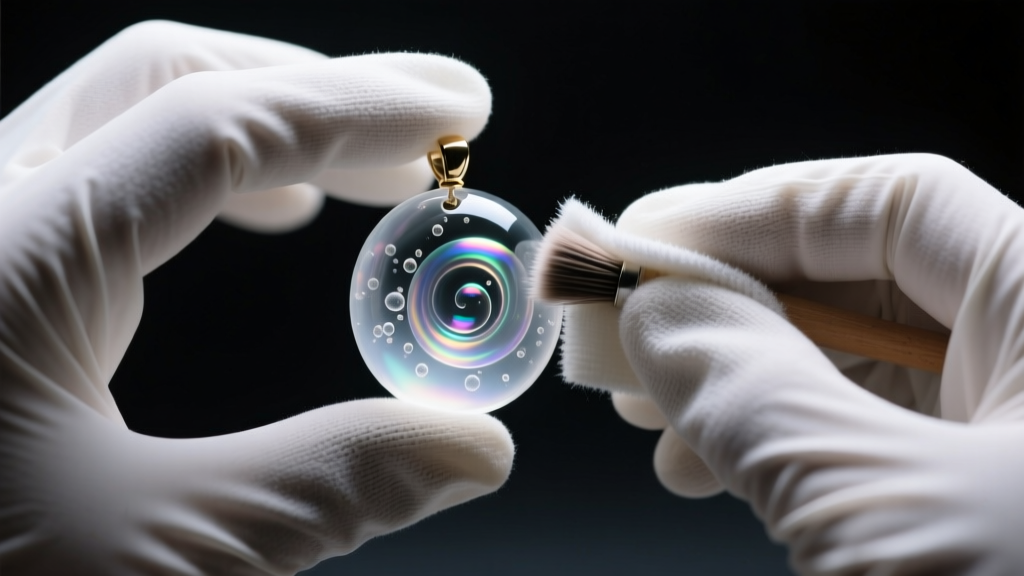 Macro shot of gloved hands buffing a cloudy resin bubble pendant with a microfiber cloth and polish under bright LED lighting.