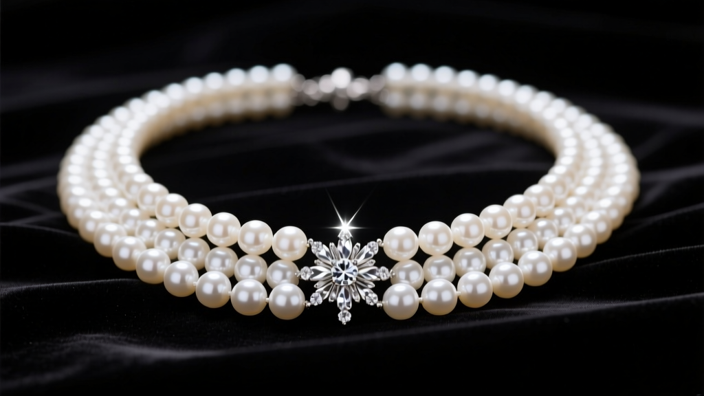 Multi-strand white Akoya pearl necklace with diamond clasp on black velvet, evoking 1980s rock glamour aesthetic.
