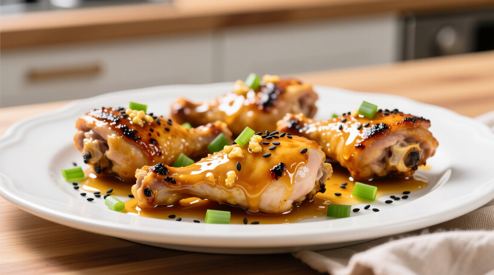 Golden garlic honey chicken thighs on white plate
