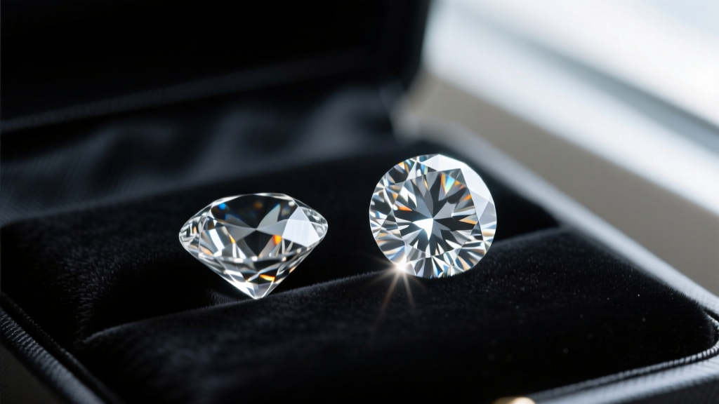Loupe view comparing a dull 17-facet single cut melee diamond next to a brilliant full cut diamond on a black velvet gem pad