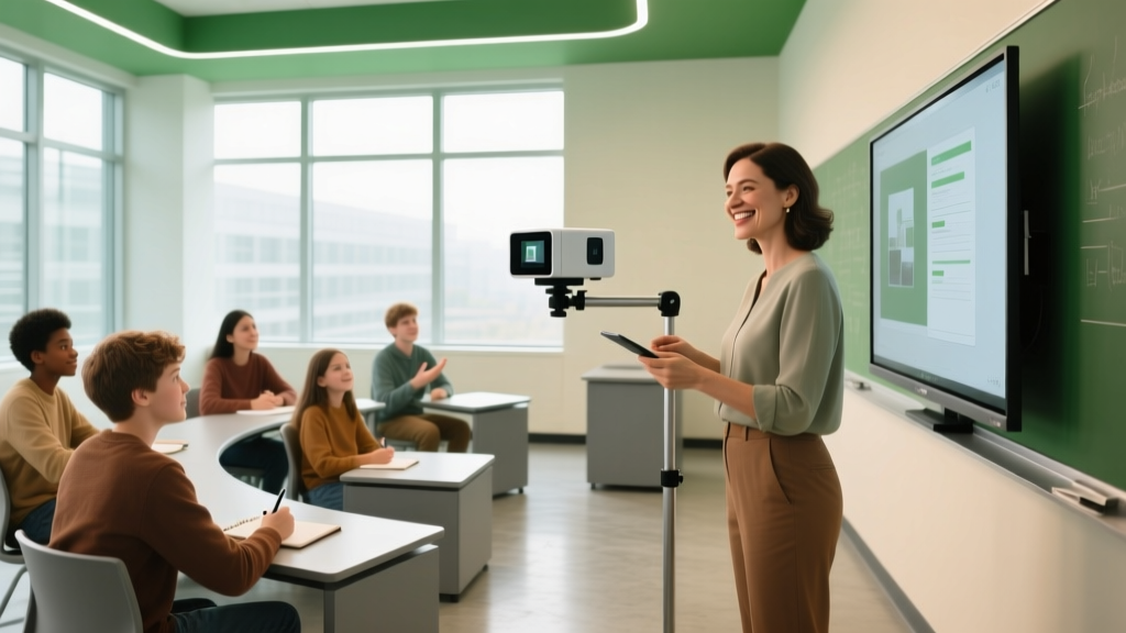 A smiling teacher using a sleek digital document camera in a modern, sunlit 2026 classroom surrounded by engaged students.