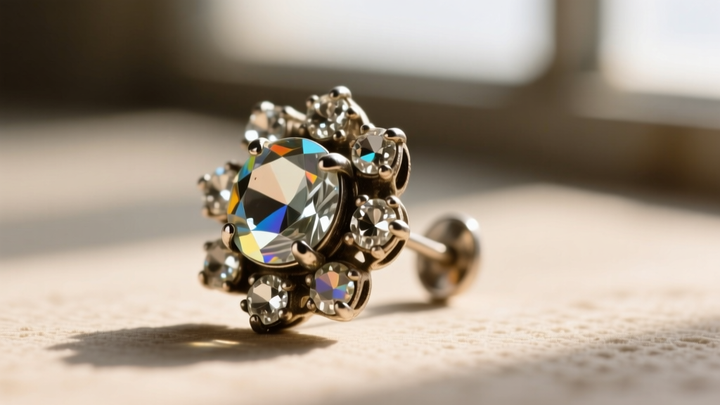 Extreme close-up of a vintage Corocraft earring showing rhinestone foil degradation and desilvering on prong-set glass stones.