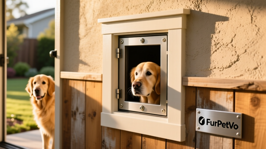 Close-up of a FurPetVo wall dog door showing clean exterior trim, seamless flashing, and secure mounting hardware