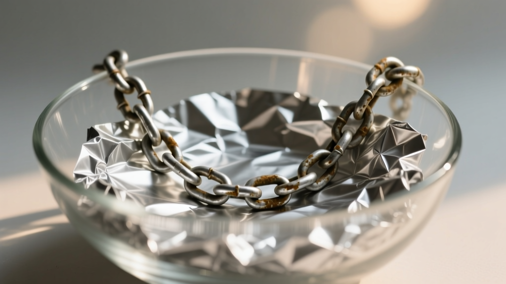 Tarnished silver chain resting on crinkled aluminum foil in a clear glass bowl, illuminated by soft warm ambient lighting.