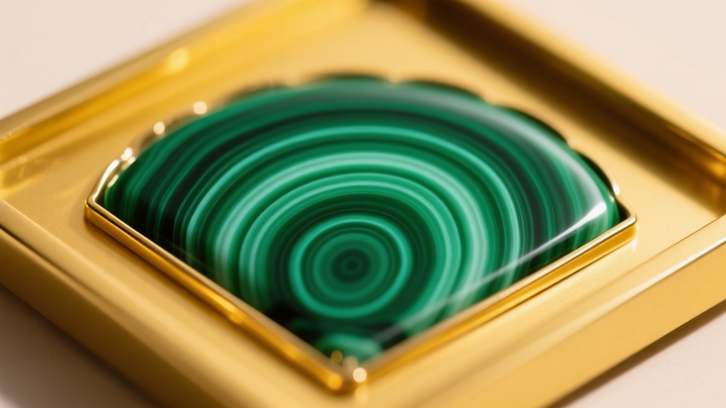 Macro shot of a green malachite fan inlay set in yellow gold, highlighting natural concentric banding and a polished surface.