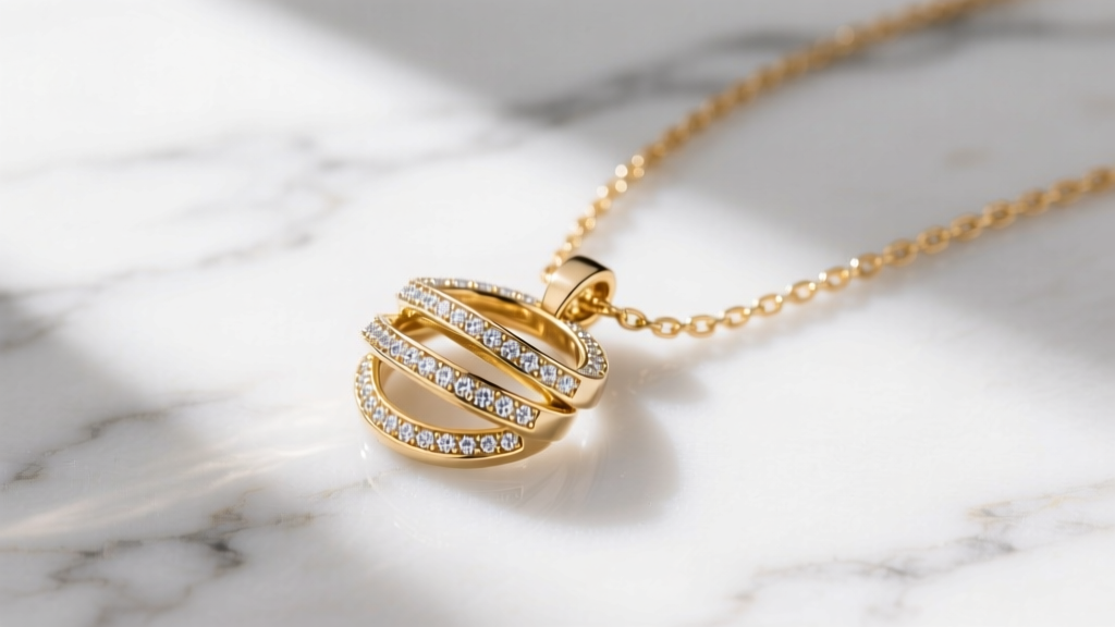 Flat lay showing a Bvlgari B Zero1 three-band diamond pendant layered with a delicate 14k yellow gold satellite chain on marble