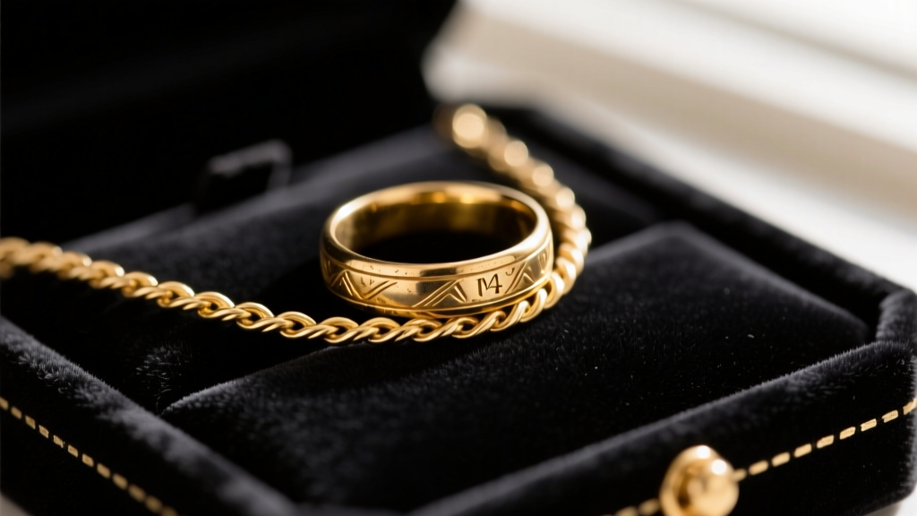 Close-up of a vintage gold wedding band threaded onto a 14k gold rope chain resting on a dark velvet jewelry display tray.