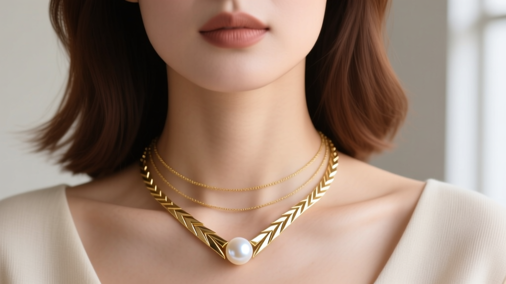 Woman wearing a layered necklace stack featuring a delicate 16-inch gold chevron necklace perfectly centered above a pearl bead