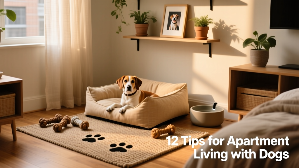 A compact, thoughtfully arranged apartment corner with a dog bed, chew toys, and a water bowl—showing smart use of limited space
