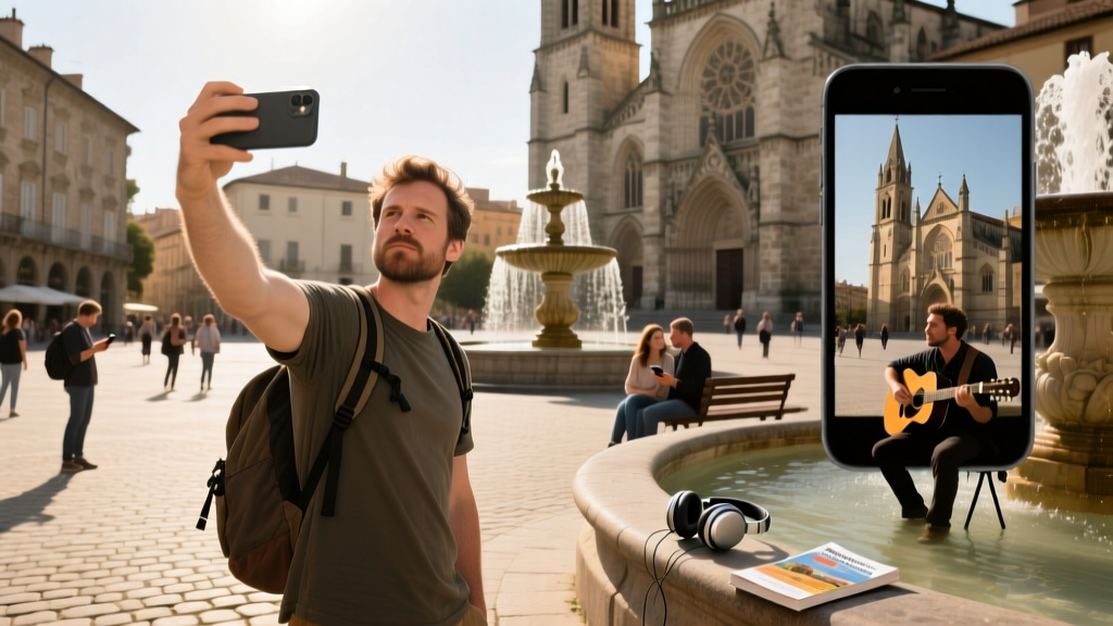 Nomadic Matt taking a selfie in front of a historic building and fountain