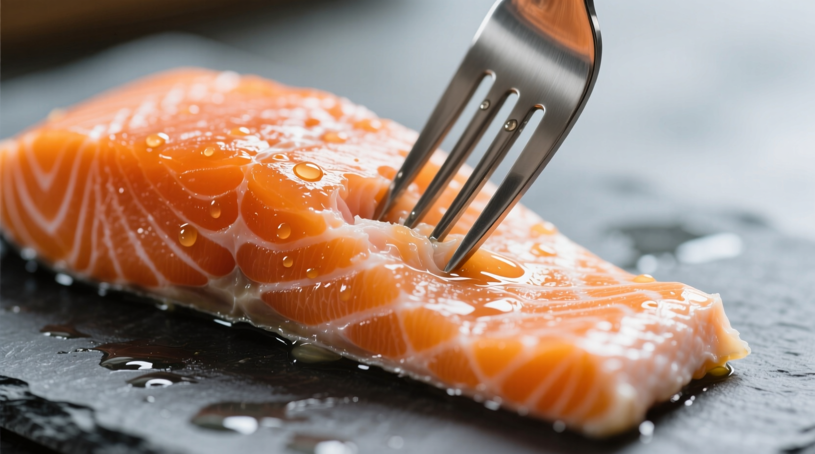 Close-up of perfectly cooked salmon flaking with fork