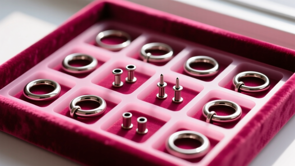 Close-up of 16-gauge titanium septum clickers and 14-gauge nose hoops neatly arranged in divided silicone grid inside pink velvet