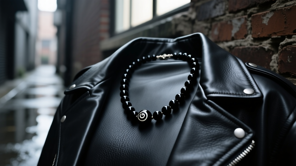 Matte black onyx beaded necklace with a central magatama pendant resting on a dark leather jacket in moody streetwear lighting.