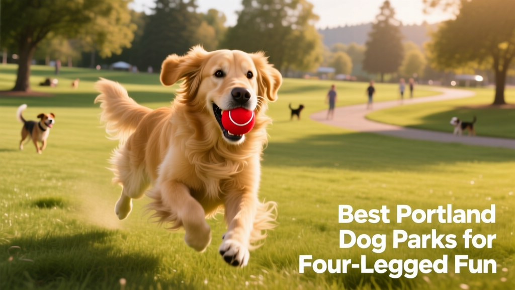 A golden retriever sprinting across a wide, grassy dog park with a red ball in its mouth