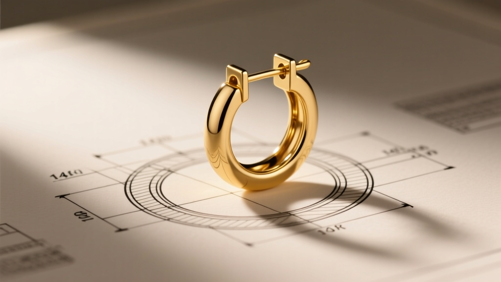 Close-up of a jewelry blueprint showing dimensions of a 14k gold huggie hoop earring, highlighting the hinge and clasp details.