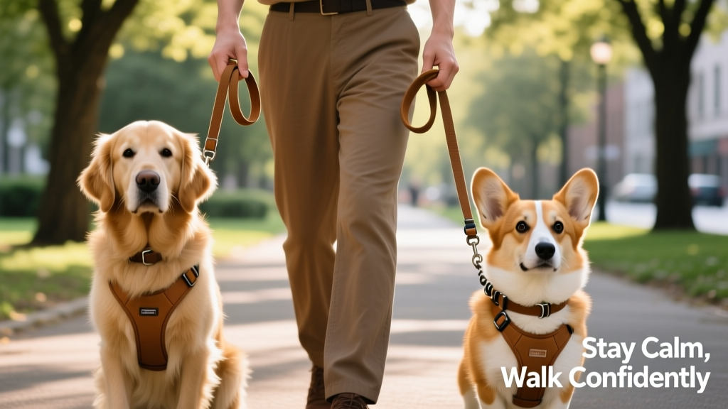 Close-up of hands calmly holding two leashes—one in each hand—with dogs positioned neatly on left and right sides of the walker