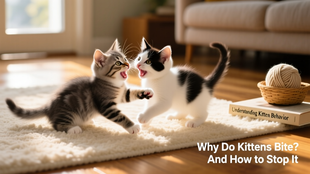 Two kittens gently wrestling and play-biting each other on a soft rug