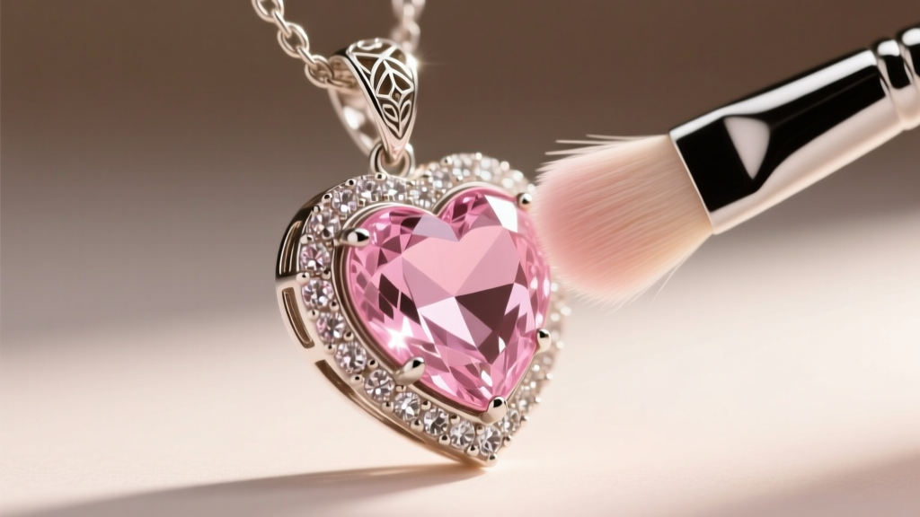 Macro shot of a soft brush gently dusting the rhinestone edges of a pink heart pendant, highlighting the intricate metal settings.