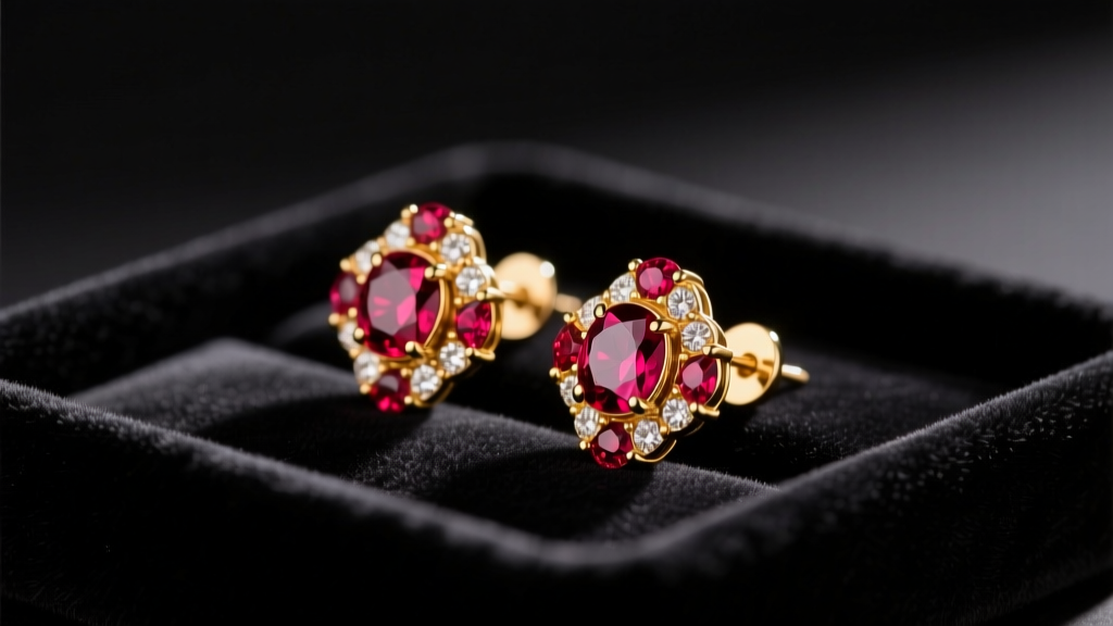 Macro shot of gold-tone Ciner clip-on earrings with ruby rhinestones resting on dark velvet tray under soft warm studio lighting