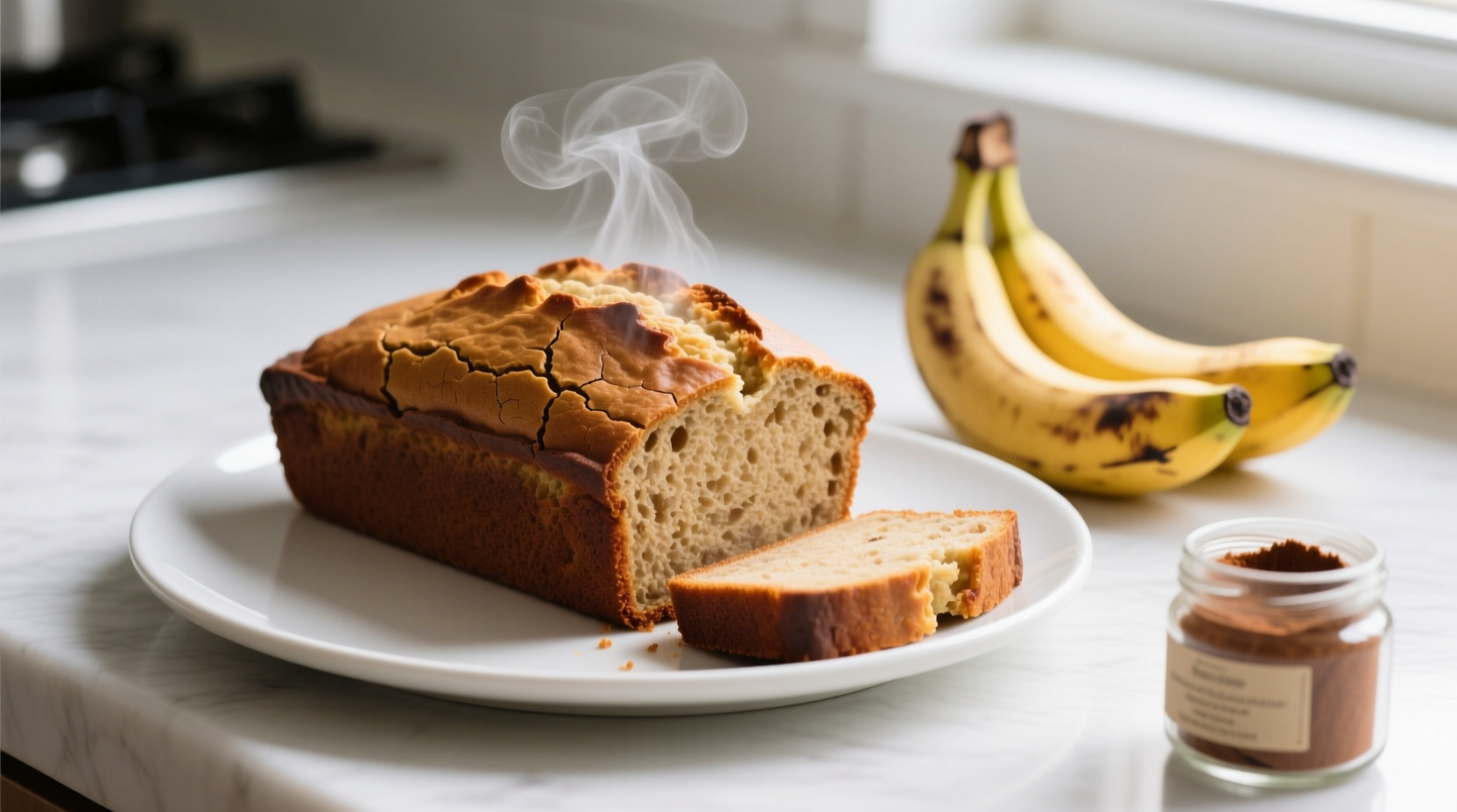 Cinnamon jar beside overripe bananas in post-holiday kitchen