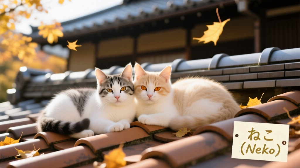 Two fluffy kittens napping side-by-side on a tiled rooftop, surrounded by golden autumn leaves