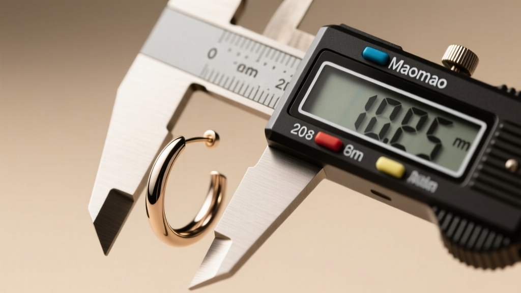 Digital calipers measuring the 0.8mm 20-gauge post thickness of a titanium Maomao earring against a soft neutral beige background
