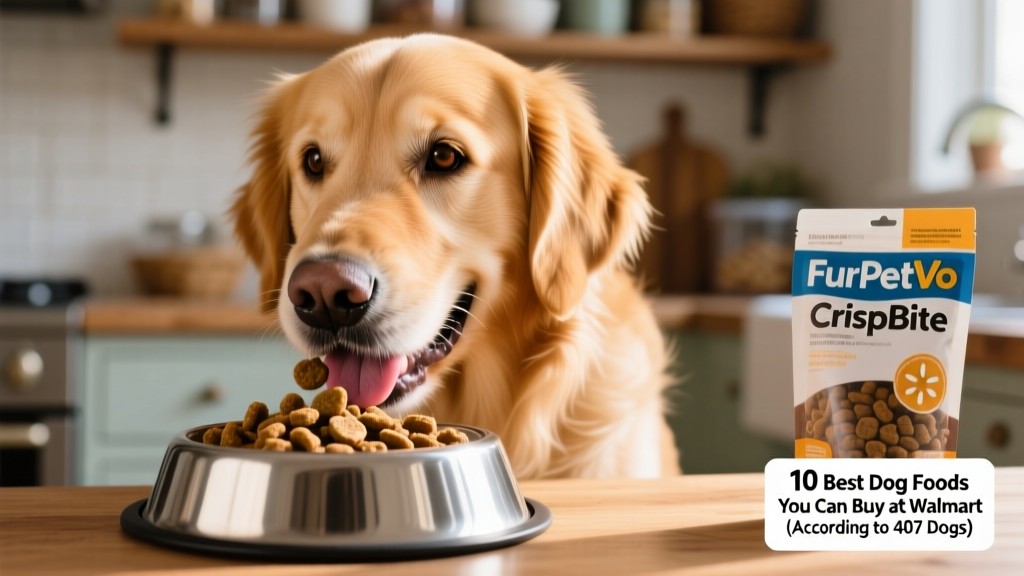 Close-up of a golden retriever happily eating FurPetVo CrispBite kibble from a stainless steel bowl, with visible kibble texture and freshness seal packaging in background