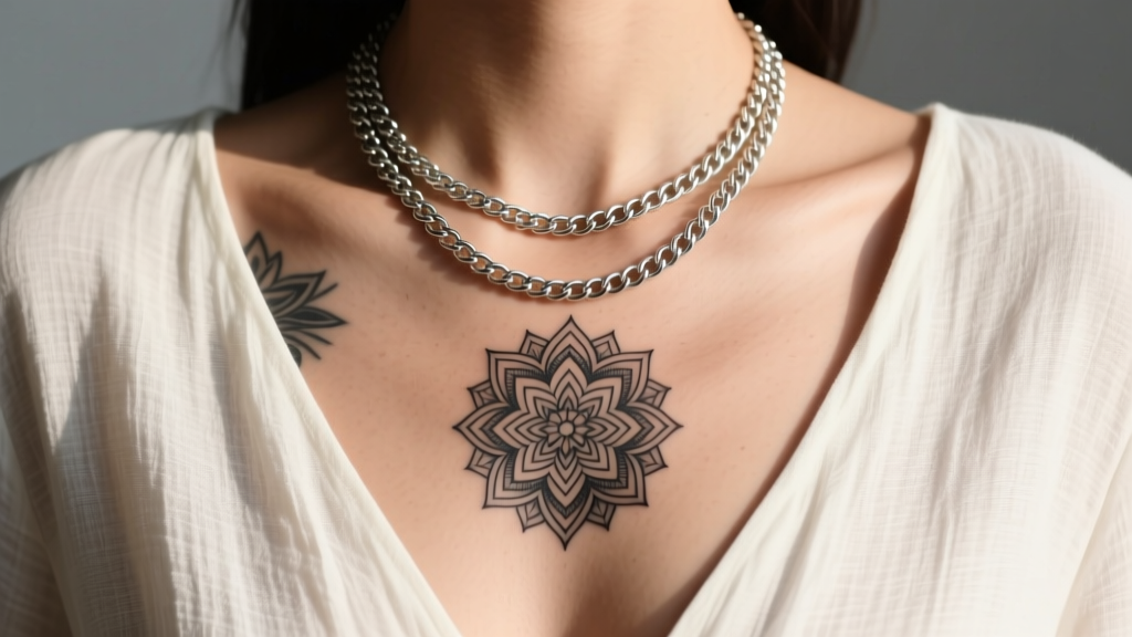 Sternum mandala necklace tattoo design visible beneath a layered 2mm and 4mm silver rolo chain worn with a deep V-neck linen top.