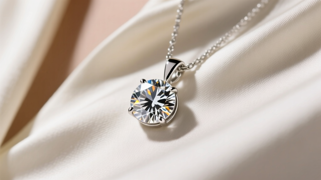 Close-up of a round brilliant cut diamond solitaire pendant in a platinum bezel setting, catching light against a silk blouse.