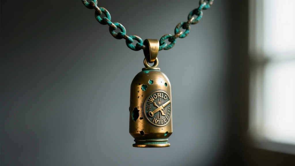 Macro shot of a WW1 necklace with a repurposed brass artillery shell casing pendant hanging on an oxidized chain.