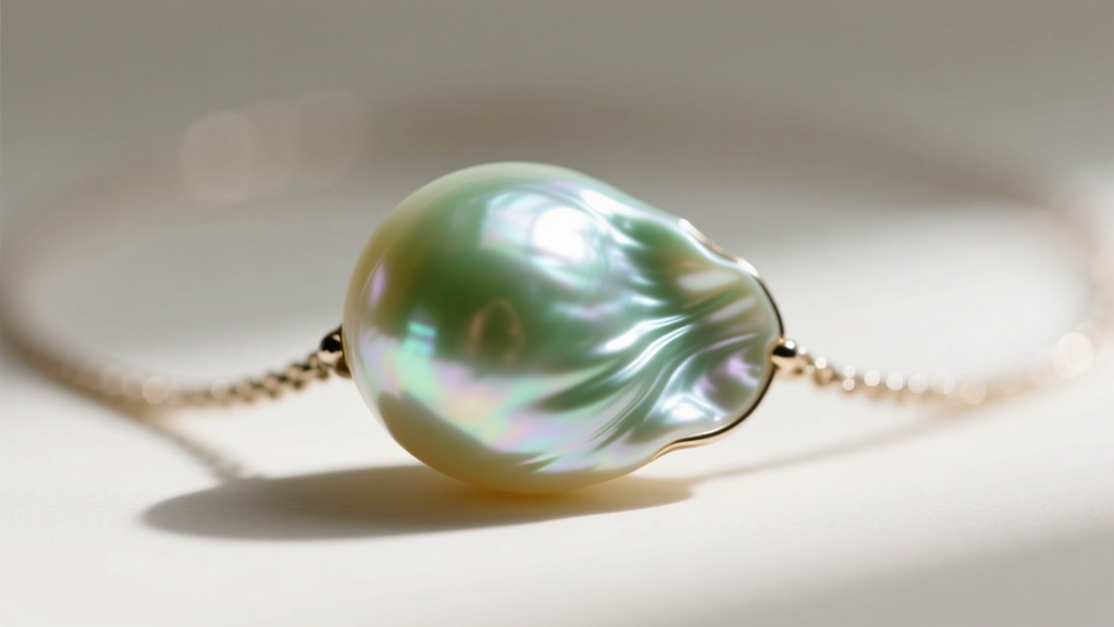 Macro shot of a single baroque freshwater pearl from the Iris and Lily necklace showing intense luster and a subtle green overtone