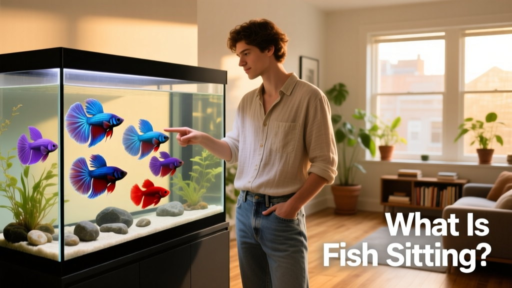 a fish sitter pointing at an aquarium of betta fish