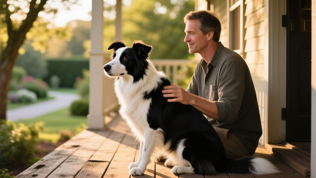 A calm, well-groomed Border Collie sitting beside a caring adult on a sunlit porch