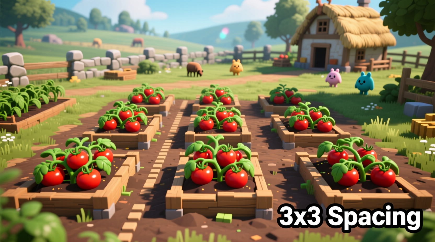 Pal World tomato farming setup showing proper 3x3 plot spacing