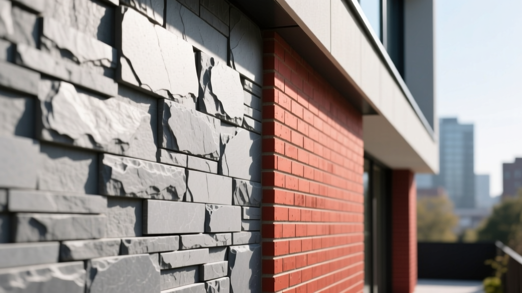 Textured gray manufactured stone veneer installed beside red clay brick veneer on an exterior wall under bright natural sunlight