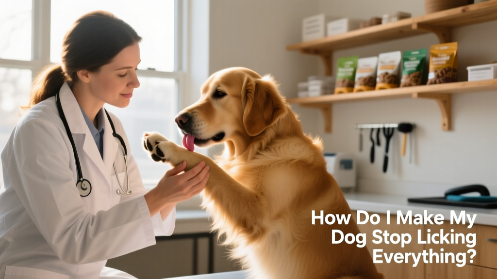 Veterinarian gently examining a dog's paws while the dog licks its own leg