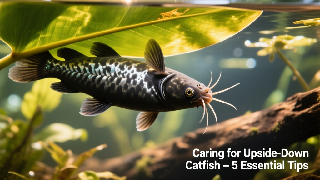 Close-up of an upside-down catfish clinging to the underside of a broad Amazon sword leaf, showing its dark belly and distinctive marbled patterning