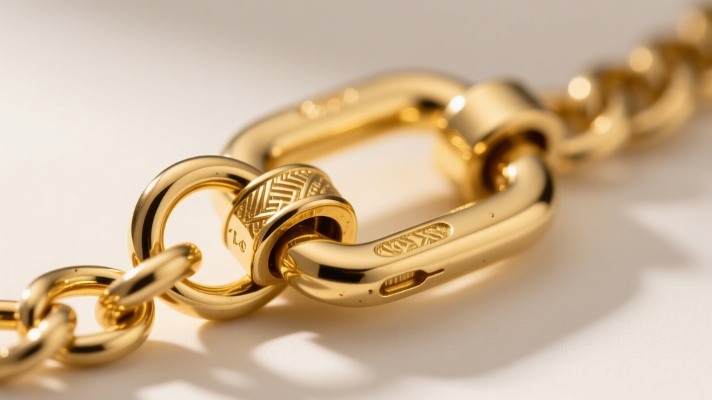 Extreme close-up of a 14k gold swivel lobster clasp attached to a thick pendant bail, highlighting the mechanical spring tension