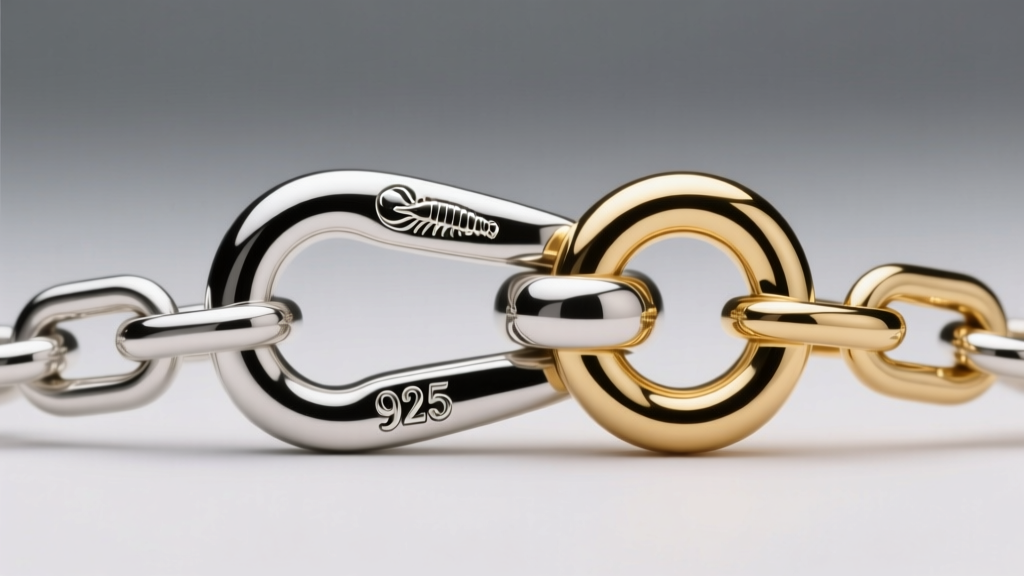 Macro shot of a 925 sterling silver lobster clasp with hallmark, showing thick 14k gold vermeil plating on a polished chain link