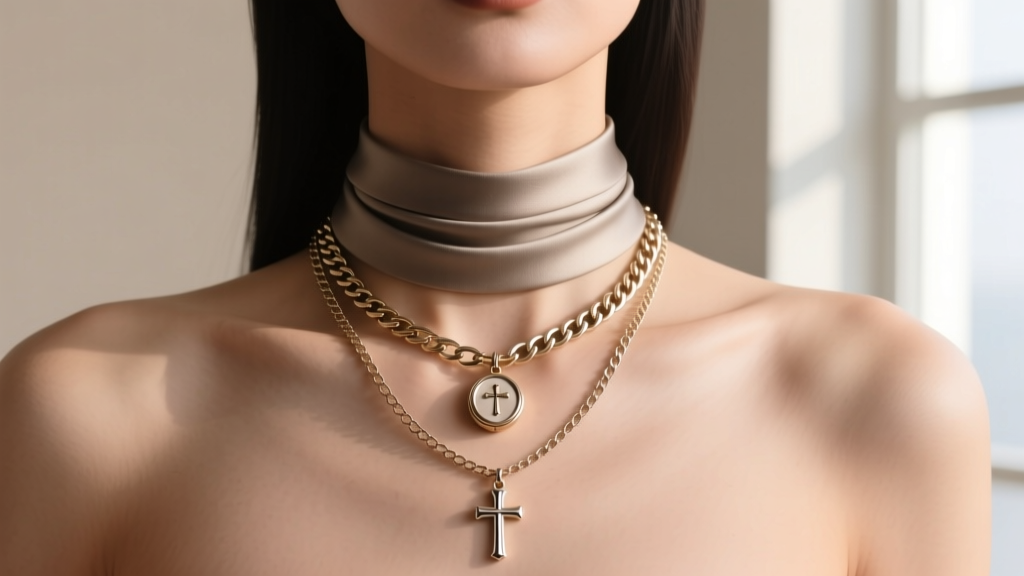 Layered neckline showing a 16-inch rolo chain with a locket cross necklace, paired with a 20-inch box chain and a plain pendant.