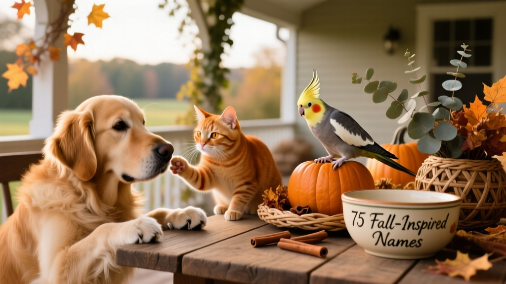 Small group of pets—a golden retriever, orange tabby cat, and cockatiel—gathered around a rustic wooden table with autumn decorations