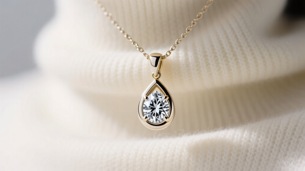 Close-up of a 14k white gold teardrop pendant with a bezel-set diamond on a cream cashmere turtleneck in soft winter lighting