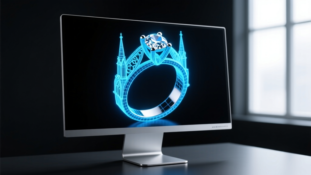 Computer monitor displaying a 3D CAD wireframe of a cathedral engagement ring glowing in blue against a dark studio backdrop.