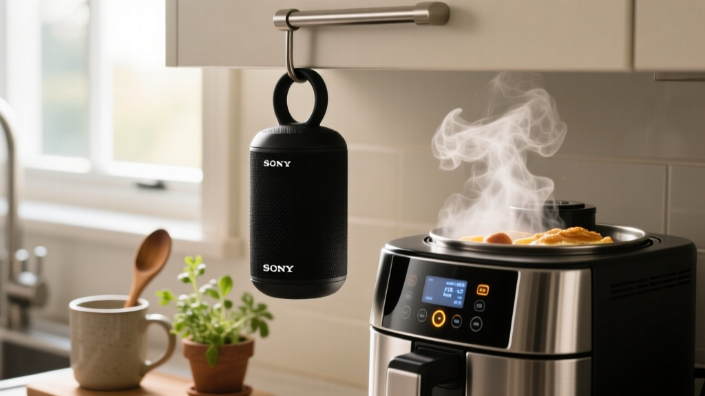 Close up of a waterproof Sony SRS-XB100 Bluetooth speaker hanging from a kitchen cabinet handle near a steaming smart breakfast appliance