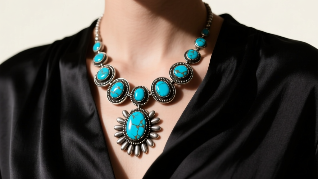 Vintage Navajo squash blossom necklace turquoise and oxidized sterling silver draped over black silk blouse, studio lighting
