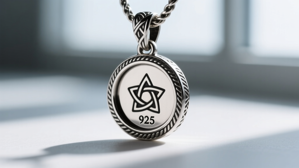 Macro shot of a 925 hallmark stamped on the back of a witches knot pendant bail, showing crisp edges and deep engraving