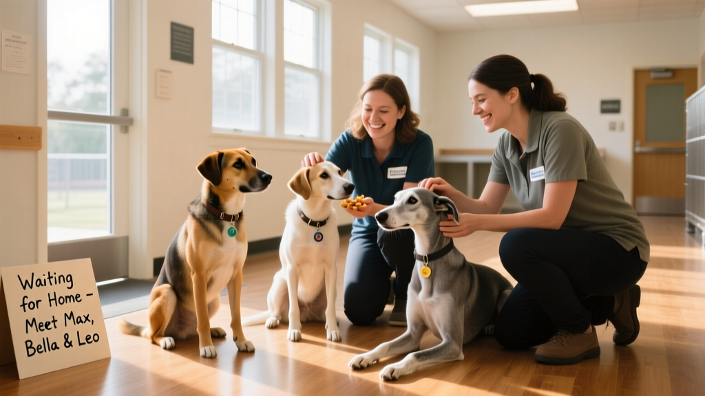 A warm, sunlit scene showing volunteers interacting gently with several calm, well-cared-for dogs in a clean, spacious shelter common area