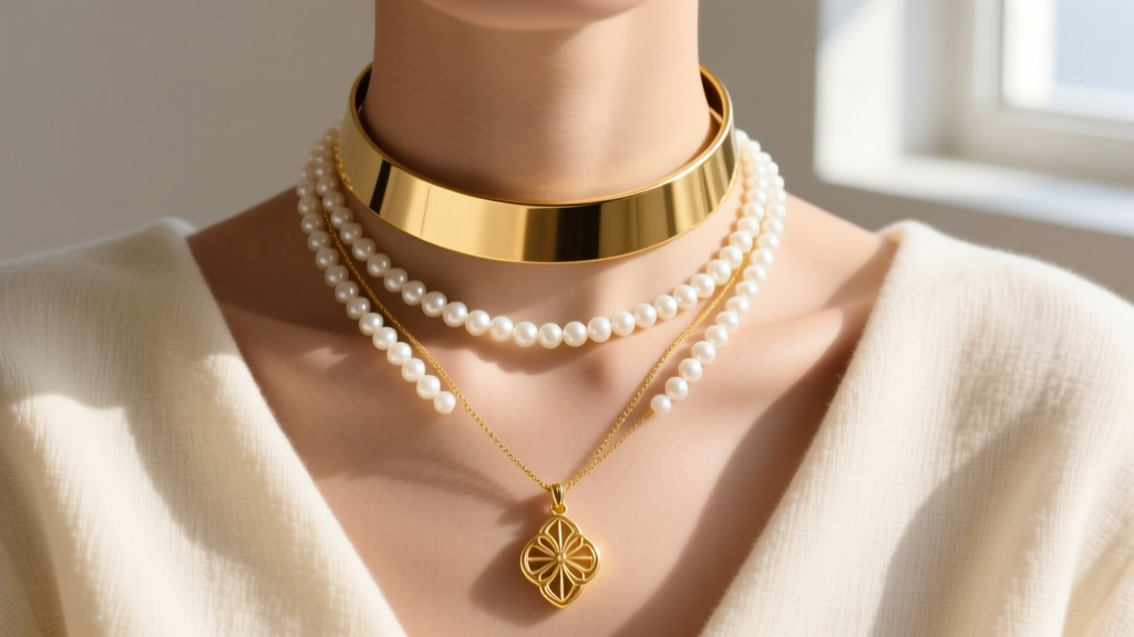 Three-layer gold necklace stack featuring a 15-inch choker, delicate pearl strand, and a 22-inch pendant resting on soft linen.